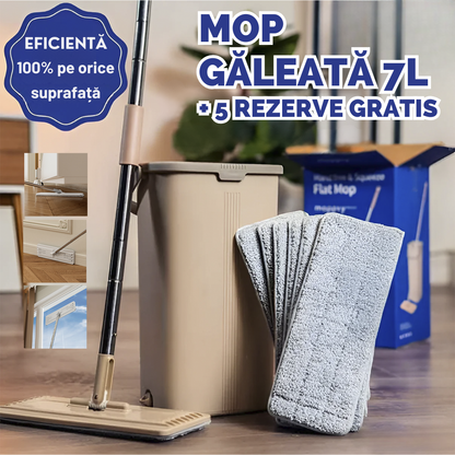 FlatMop™ – Mop Cu Găleată 7L + 5 Rezerve Cadou (Promoție Valabilă Doar Azi)