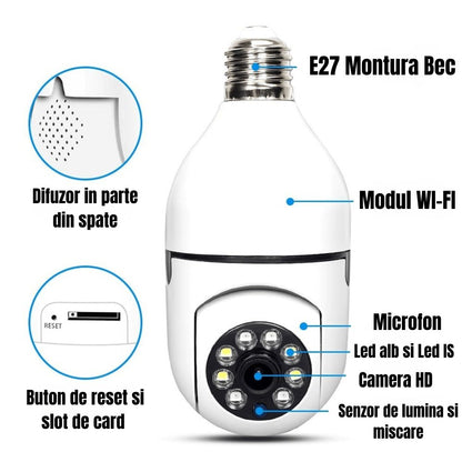 Cameră de Supraveghere 360° Wi-Fi – Vizibilitate Completă, Control de pe Telefon