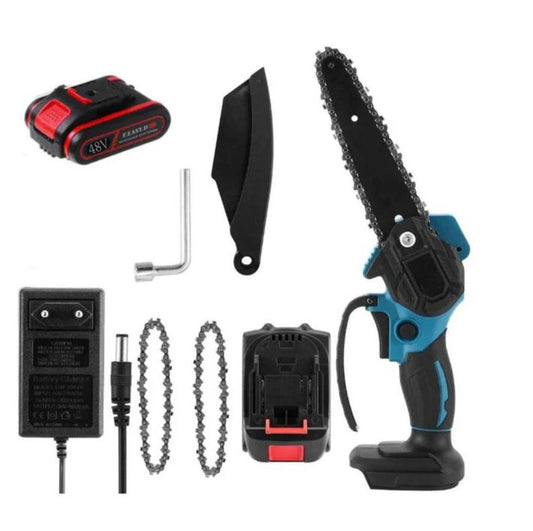 Mini Drujba electrica portabila, 2 acumulatori de 48V, lama de 15.5 CM și 2 lanțuri incluse